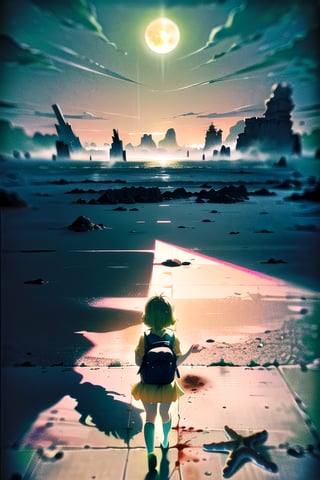 1girl,solo,highquality,
(sad,shy,cute,pink eyes,green headband,),
(light blonde hair,pixie_hairstyle),
(Yellow mini skirt, blue school shirt,white long socks,black ankle boots, Brown backpack), (taking a helmet,taking a gun),
(dry,desert, green sky,thick fog,wather in the floor,sea ​​in the distance),
(walking,),(stars, green moon)
(bones in the floor), 

((monster, blood in the floor,shadow with eyes, alien,)), (sea plants, sea star, starfish, coral)

,no_humans,scenery,CLOUD,COLORFUL STARRY,STARS