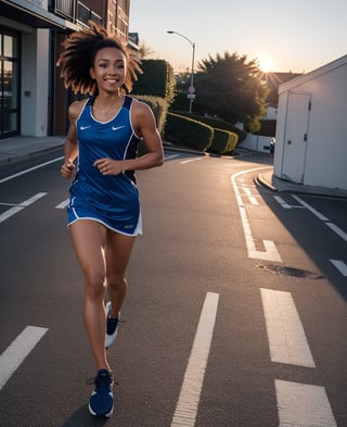 A woman running. beautiful detailed face, smile. attractive body, coffos hair, fashionable sports dress, white sport shoes, black woman, solid make-up, full body, sunrise, blue hour, street, hdr