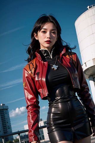 Analog photo, low angle, action, 
katsuragi misato, brown eyes, black dress, cross necklace, high collar dress,  red jacket,
cityscape, cyberpunk, highway, blue sky, 
8k, high quality, film grain, Fujifilm superia, AiMi,AiMi