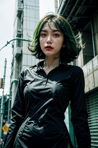 1girl,  shot from below,

tatsumakitornado,  black dress,  collared dress, long sleeves,  pelvic curtain,  side slit,  green hair,  curly hair,  green eyes,  (large_breasts),

on the street,  shibuya,  tokyo,

AiMi,  perfect eyes, perfect skin, detailed skin,