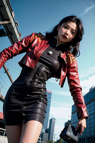 Analog photo, low angle, shot from below, action, 
katsuragi misato, brown eyes, black dress, cross necklace, high collar dress,  red jacket,
cityscape, cyberpunk, highway, blue sky, 
8k, high quality, film grain, Fujifilm superia, AiMi