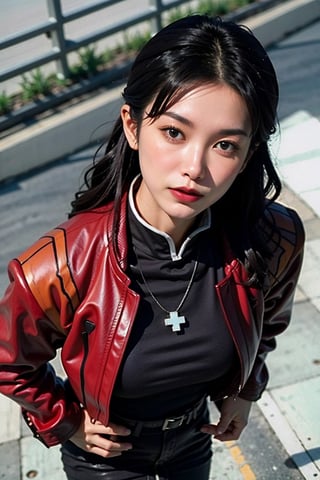 Analog photo, top angle, shot from above, action, 
katsuragi misato, brown eyes, black dress, cross necklace, high collar dress,  red jacket,
cityscape, cyberpunk, highway, blue sky, 
8k, high quality, film grain, Fujifilm superia, AiMi