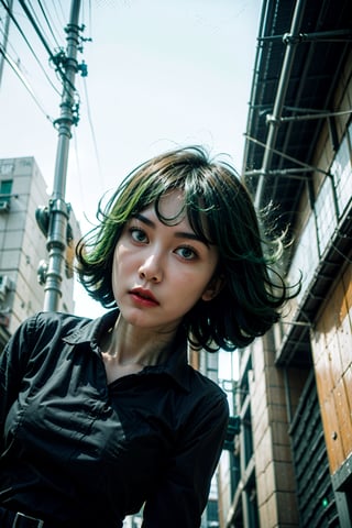 1girl,  shot from below,

tatsumakitornado,  black dress,  collared dress, long sleeves,  pelvic curtain,  side slit,  green hair,  curly hair,  green eyes,  (large_breasts),

on the street,  shibuya,  tokyo,

AiMi,  perfect eyes, perfect skin, detailed skin,