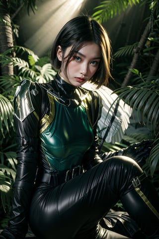 analog photography, film grain, best quality, masterpiece, realistic, photorealistic, 1girl, solo, sitting, lemon0035, short hair, slim, slender, green bodysuit, armor, belt, cyborg, gloves, forest, trees, god rays, volumetric lighting, (jungle:1.5), (high detailed skin:1.2)