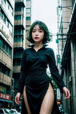 1girl,  shot from below,

tatsumakitornado,  black dress,  collared dress, long sleeves,  pelvic curtain,  side slit,  green hair,  curly hair,  green eyes,  (large_breasts),

on the street,  shibuya,  tokyo,

AiMi,  perfect eyes, perfect skin, detailed skin,