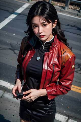 Analog photo, top angle, shot from above, action, 
katsuragi misato, brown eyes, black dress, cross necklace, high collar dress,  red jacket,
cityscape, cyberpunk, highway, blue sky, 
8k, high quality, film grain, Fujifilm superia, AiMi