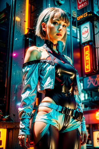 lucy \(cyberpunk\), 1girl, 20 years old beautiful Japanese, bangs, white offshoulders jacket, bare shoulders, belt, black belt, black leotard, black pants, blurry, bob cut, breasts, clothing cutout, cropped jacket, cyberpunk edgerunners, building, neon:1.8, cyberpunk:1.2, sci-fi:1.2, futuristic:1.2, cyberpunk edgerunners cityscape depth of field, from side, gradient eyes, grey eyes, grey hair, jacket, leotard, lips, long sleeves, looking afar, looking ahead, mechanical parts, small breasts, multicolored eyes, multicolored hair, night, night sky, off shoulder, open clothes, open jacket, outdoors, pants, parted lips, railing, red eyeliner, science fiction, short hair with long locks, short shorts, shorts, sidelocks, sky, solo, standing, teeth, thigh cutout, upper teeth only, white jacket, white shorts, cyberpunk \(series\), cyberpunk edgerunners,LUCY \(CYBERPUNK\),Real,cbpkv5, ,dark studio