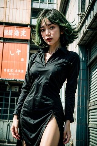 1girl,  shot from below,

tatsumakitornado,  black dress,  collared dress, long sleeves,  pelvic curtain,  side slit,  green hair,  curly hair,  green eyes,  (large_breasts),

on the street,  shibuya,  tokyo,

AiMi,  perfect eyes, perfect skin, detailed skin,