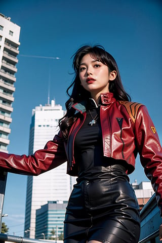 Analog photo, low angle, shot from below, action, 
katsuragi misato, brown eyes, black dress, cross necklace, high collar dress,  red jacket,
cityscape, cyberpunk, highway, blue sky, 
8k, high quality, film grain, Fujifilm superia, AiMi