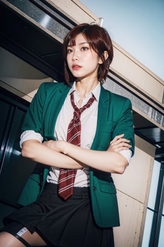 1girl, shot from below, Tomo, (red hair, short hair, hair between eyes, bangs, red eyes:1.3), school uniform, jacket, green jacket, blazer, shirt, white shirt, sleeves rolled up, open clothes, necktie, red necktie, striped, striped necktie, skirt, pleated skirt, shorts, school, bokeh, AiMi,AiMi