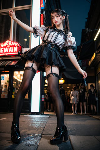 analog photography, film grain, best quality, masterpiece, realistic, photorealistic, 1girl, solo, twintails, hair ribbon, jirai kei attire, jirai kei, black thighhighs, high heels, street, night, stores, shops, windows, neon light, (high detailed skin:1.2), (from below:1.2)