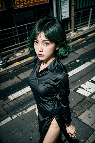 1girl,  shot from above,

tatsumakitornado,  black dress,  collared dress, long sleeves,  pelvic curtain,  side slit,  green hair,  curly hair,  green eyes,  (large_breasts),

on the street,  shibuya,  tokyo,

AiMi,  perfect eyes, perfect skin, detailed skin,