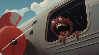 (close-up shot of dark fantasy movie scene), (((ugly Horrible screaming mutant pilot throws letters through the open window of a vintage airplane))), (letters are flying everywhere), ((creepy sky with clouds background)), dark fantasy, dark color scheme, hyper realistic, red paint scattered, black paint scattered, raw, cinematic, photorealism, 8k, intricately detailed, award winning, acrylic palette knife, style of makoto shinkai studio, james gilleard, greg rutkowski, chiho aoshima,darkart,more detail XL,potma style