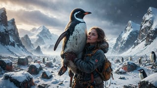 (((smiling girl climber hugs penguin))), ((winter snowy Alaska background)), high detail, 8k, masterpiece, realistic photo, sci-fi, fantastical, intricate detail, complementary colors, (in the style of Hans Heysen and Carne Griffiths), shot on Canon EOS 5D Mark IV DSLR, 85mm lens, long exposure time, f/8, ISO 100, shutter speed 1/125, award winning photograph, facing camera, perfect contrast, cinematic style