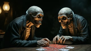 (((two zombie old men playing cards on a huge skull-shaped table))), ((old night garden yard background)), (art by Masamune Shirow, art by J.C. Leyendecker, art by Boris Vallejo), masterpiece, hyper-realistic oil painting, vibrant colors, horror comics style, correct lighting, a telephoto shot, dark fantasy, dark color scheme, hyper realistic, raw, cinematic, photorealism, 8k, intricately detailed, award winning,zkeleton