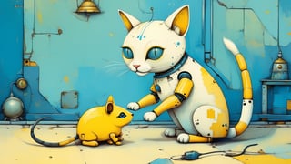 a whimsical art design, ((close-up image of a beautiful robot cat touches a robot mouse with its paw)), (clean yellow and blue main colors), cozy room background, creative illustration, conceptual art, dadaism