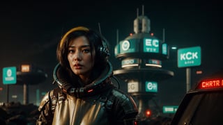 medium shot of 1 C7b3rp0nkStyle asian woman, yellow hair, cyberpunk armor, stands next to a futuristic space rocket, (night dystopian cyberpunk led neon wasteland with forest background), (Vintage Sci-fi), (determined expression:1.3), outdoor, dystopian futuristic era, realistic, ambient light, cinematic composition, wide-angle lens, best quality, masterpiece,Vintage Sci-fi,C7b3rp0nkStyle:1