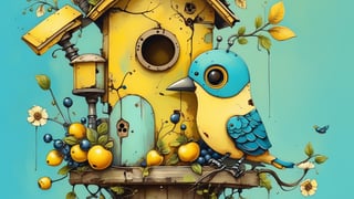 a whimsical art design, ((close-up image of 1 beautiful robot bird with robotic parts eat berries while sitting in a birdhouse)), (clean yellow and blue main colors), cozy garden background, creative illustration, conceptual art, dadaism