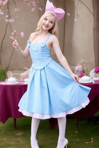 ((detail)) dove cameron, petite, alice in wonderland, mad hatter tea party, flirtation pose,  action pose, smiling, happy, masterpiece, photo realistic, full_body