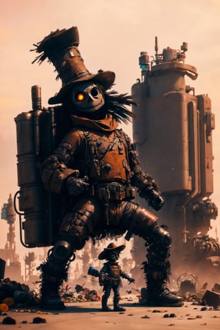 scarecrow, future punk  city, graffitti, trash, wearing leather, holding a machine gun, full body, action pose,cart00d