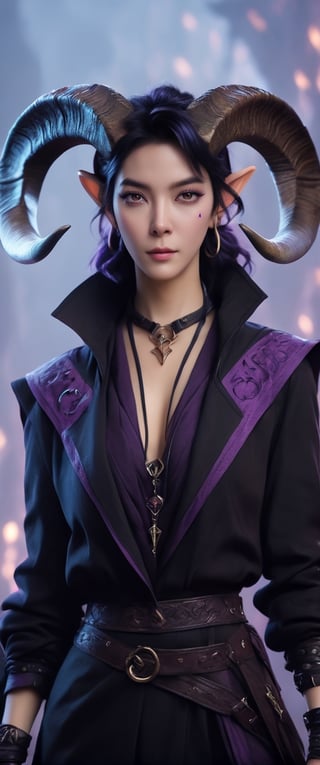 8k, (absurdres, highres, ultra detailed), (1lady), ((best quality)), ((masterpiece)), female warlock tiefling, ((purple skin)), small ears, 2 small black goat horns, black leather_outfit,minsi