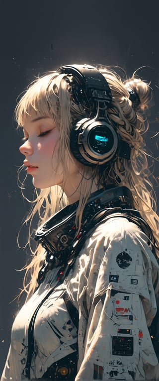 1girl, solo, long hair, bangs, blonde hair, simple background, closed eyes, upper body, white hair, parted lips, blunt bangs, grey background, from side, lips, profile, headphones, cablereal,realistic,real_life,chiarosaurio,dal-27,dal-1,ct-virtual