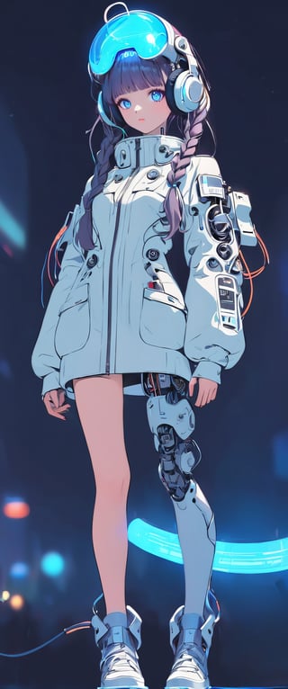 Create a detailed illustration of a young girl in a futuristic, cyberpunk environment. The young woman must have a unique and striking style, with the following characteristics:

Hair:

Bright blue color.
Braided into two long braids that fall in front of her shoulders.
Face:

Delicate and youthful, with large and expressive eyes.
A mark or tattoo in the shape of small stars under one of her eyes.
Outfit:

A loose white or light gray suit, with stitching and zipper details.
The suit should appear functional and designed for technological or exploratory activities.
Equipment:

A large, technological helmet with the inscription "utron
The helmet should have large round headphones on the sides, connected with cables and lights, and an antenna.
One of the young woman's arms must be a robotic prosthesis, with cables, connectors and visible mechanical parts. The robotic hand should have a cracked, luminous sphere.
Background and Environment:

A busy place, such as a convention or technology fair, with people out of focus in the background.
Bright lighting, with neon lights and reflections to add to the futuristic atmosphere.
The image should capture the essence of the cyberpunk style, with a mix of technological and human elements, and an artistic touch reminiscent of comic or manga art.