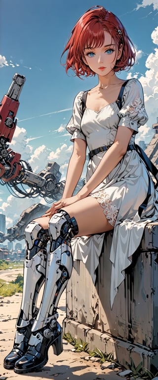 1girl, solo, looking at viewer, short hair, bangs, blue eyes, dress, sitting, closed mouth, collarbone, short sleeves, red hair, boots, outdoors, sky, black footwear, white dress, mechanical legs,anime, (masterpiece:1.2)