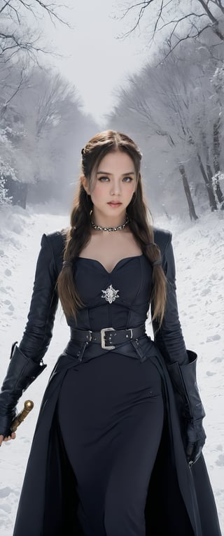 1girl, solo, long hair, breasts, looking at viewer, angry, gloves, navel, holding, cleavage, medium breasts, standing, weapon, braid, white hair, outdoors, pointy ears, belt, sword, cape, armor, twin braids, grey eyes, clothing cutout, cleavage cutout, crown, shoulder armor, gauntlets, pelvic curtain, snow, side slit, pauldrons, brown belt,nodf_xl, ct-fujiii