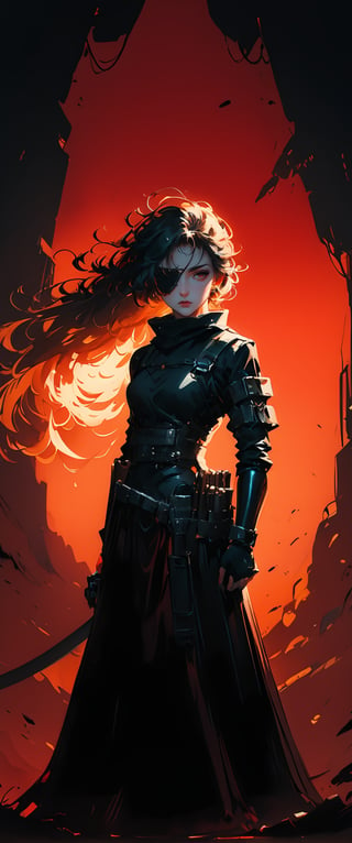 A lone warrior stands against a fiery red backdrop, her long hair flowing behind her. Her gaze pierces the viewer as she wears fingerless gloves and holds a sword in one hand, its sheath strapped to her belt. A katana rests in a holster at her side. Red eyes glow beneath an eyepatch, framing her scarred face. A ponytail is tied at the back of her head, while goggles sit atop it, giving her a cyberpunk edge. A gun is holstered at her hip, ready to be drawn. The overall atmosphere is one of fierce determination, with the red background amplifying the intensity of this mysterious warrior's gaze.,anime black line