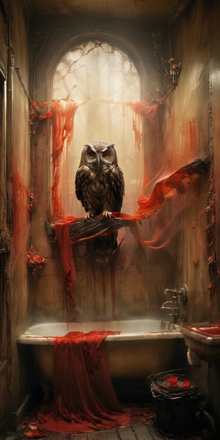 a tormented  ghost taking a bath in the washroom, and an owl watching him through the window in a dark, atmospheric setting,falconry . chiarosaur, element of terror. Dark and moody, with hints of red to emphasize the presence of blood. By renowned artists such as H.R. Giger, Zdzisław Beksiński, and Brom. Resolution: 4k.,sooyaaa,aw0k euphoric style,detailmaster2,DonMn1ghtm4reXL,xxmixgirl,FilmGirl,ghost,transparent,xxmix_girl,rosy