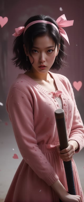 breathtaking ethereal RAW photo of female, ((best quality, 1girl, black hair, hair ornament, hairclip, black eyes, short hair, , beige cardigan, cardigan, pink dress, red ribbon, , angry,holding baseball bat, baseball bat, blushing, looking at viewer, hearts, sparkles, pink background, 5 fingers, perfect hands



 )), dark and moody style, perfect face, outstretched perfect hands. masterpiece, professional, award-winning, intricate details, ultra high detailed, 64k, dramatic light, volumetric light, dynamic lighting, Epic, splash art .. ), by james jean $, roby dwi antono $, ross tran $. francis bacon $, michal mraz $, adrian ghenie $, petra cortright $, gerhard richter $, takato yamamoto $, ashley wood, tense atmospheric, , , , sooyaaa,IMGFIX,Comic Book-Style,Movie Aesthetic,action shot,photo r3al ,bad quality image,oil painting, cinematic moviemaker style,Japan Vibes,H effect,koh_yunjung ,koh_yunjung,kwon-nara,sooyaaa,colorful,bones,skulls,armor,han-hyoju-xl
,DonMn1ghtm4reXL, ct-fujiii,ct-jeniiii, ct-goeuun,mad-cyberspace,FuturEvoLab-mecha,cinematic_grain_of_film,a frame of an animated film of,score_9,3D,style akirafilm,Wellington22A,Mina Tepes,lucia:_plume_(sinful_oath )_(punishing:_g,VAMPL, FANG-L ,kizuki_rei, ct-eujiiin,Jujutsu Kaisen Season 2 Anime Style,ChaHaeInSL,Mavelle,Uguisu Anko,Zenko