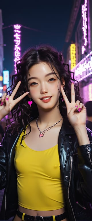 In a vibrant, neon-lit cityscape, a young woman with long, wavy hair and a mischievous grin, stands confidently amidst the urban night. She wears a black vinyl jacket, adorned with chunky chains and a collar of tiny tachuelas. Her white headband is tied around her forehead, holding back her wet locks. A DRONE 26K inscribed yellow tank top clings to her toned physique.

As she proudly holds up her hand in a V sign near her face, two purple hearts are painted on her cheeks, matching the playful tone of her outstretched tongue. Her large, rounded pink earrings bounce with each subtle movement.

The city's towering skyscrapers and bustling streets provide a futuristic backdrop, with neon lights reflecting off the wet pavement. The atmosphere is electric, capturing the carefree essence of this rebellious cyberpunk heroine, standing tall and unapologetic in her freedom and joy.,score_9