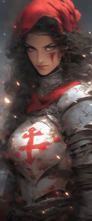 fierce woman warrior woman , covered in blood. Her eyes glow in the dark with red light.medieval crusader armor,broken plates, rusty and dirty. She wears no helmet. She stands in a cave, figthing demons,fighter og god, light seeping in.,sooyaaa,ct-niji2,DonMn1ghtm4reXL