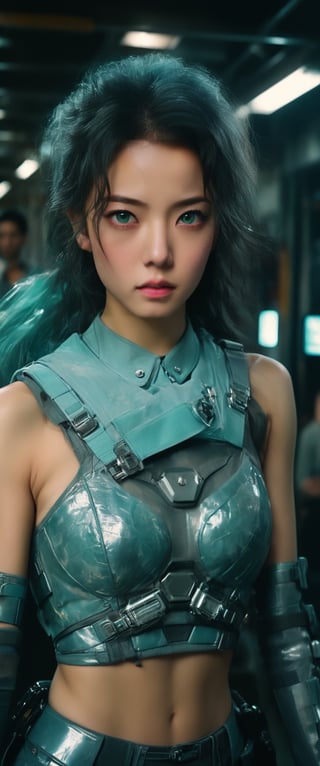 1 young and beautiful girl:1.2)), absurdres, (8k, best quality, masterpiece:1.2), professional photography, dramatic light, (finely detailed face:1.2),(((,, female,official, portrait, modern station  cyberpolice fighter, top quality, highly detailed, intricate, realistic, indoors, Bold Turquoise Silver Green Chartreuse, solarpunk, Crew Cut, Bruneian, masterpiece, Finest details, 8K, HD, HDR, Death Squad, , cowboy shot, perfect face, gorgeous eyes,sooyaaa,cinematic  moviemaker style