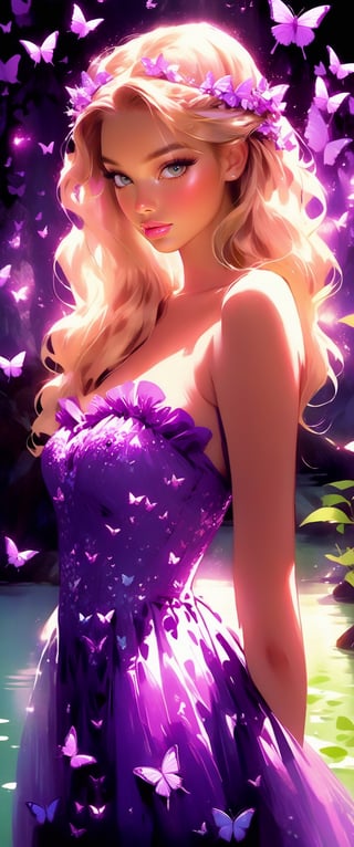 best quality, masterpiece, photorealistic, ultrarealistic,  professional photograph shot,  (beautiful 24 yo swedish girl) wearing a purple bioluminescent dress standing in a moonlit lake with a beautiful reflection, (surrounded by purple butterflies), close up, romantic, solo, detailed eyes, beautiful, looking at viewer, strapless, green leaves, nature theme, flowers, embarrassed, cleavage, (nighttime, dark theme), magical purple forest, purple theme, purple butterflies, magical particles, fantasy BREAK (blonde hair, mid parted hair, straight hair, long hair:1.2), pronounced blush, beautiful green eyes    