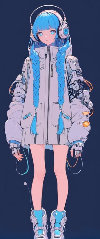 Create a detailed illustration of a young girl in a futuristic, cyberpunk environment. The young woman must have a unique and striking style, with the following characteristics:

Hair:

Bright blue color.
Braided into two long braids that fall in front of her shoulders.
Face:

Delicate and youthful, with large and expressive eyes.
A mark or tattoo in the shape of small stars under one of her eyes.
Outfit:

A loose white or light gray suit, with stitching and zipper details.
The suit should appear functional and designed for technological or exploratory activities.
Equipment:

A large, technological helmet with the inscription "utron
The helmet should have large round headphones on the sides, connected with cables and lights, and an antenna.
One of the young woman's arms must be a robotic prosthesis, with cables, connectors and visible mechanical parts. The robotic hand should have a cracked, luminous sphere.
Background and Environment:

A busy place, such as a convention or technology fair, with people out of focus in the background.
Bright lighting, with neon lights and reflections to add to the futuristic atmosphere.
The image should capture the essence of the cyberpunk style, with a mix of technological and human elements, and an artistic touch reminiscent of comic or manga art.