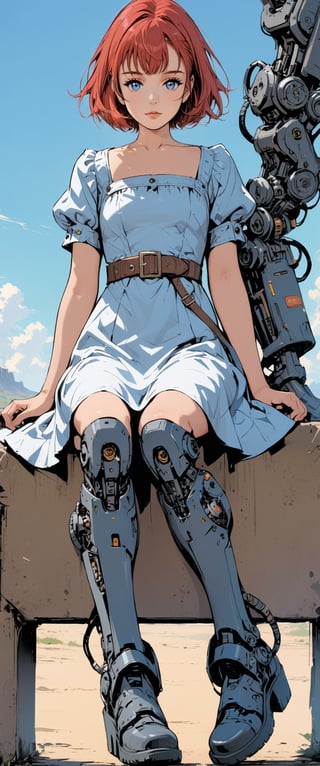 1girl, solo, looking at viewer, short hair, bangs, blue eyes, dress, sitting, closed mouth, collarbone, short sleeves, red hair, boots, outdoors, sky, black footwear, white dress, mechanical legs,anime, (masterpiece:1.2)