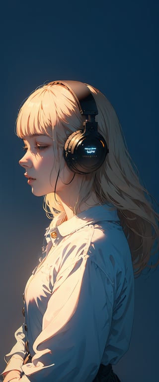 1girl, solo, long hair, bangs, blonde hair, simple background, closed eyes, upper body, white hair, parted lips, blunt bangs, grey background, from side, lips, profile, headphones, cablereal,realistic,real_life,chiarosaurio,dal-27,dal-1,ct-virtual