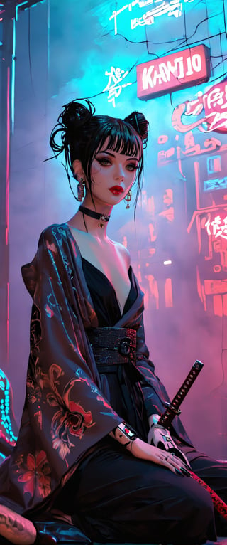 Prompt: In a dimly lit, smoky cyberpunk club, a femme fatale cyborg sits solo, her mechanical joints gleaming in the flickering light. Her striking features, framed by short hair and bangs, are adorned with jewelry and a black choker. she pets a snake that gazes directly at the viewer. She wears a revealing seethrough kimono, paired with Japanese-style earrings, and holds a katana surrounded by the dark, gritty atmosphere. Her gaze is sultry, exuding an air of sexy sophistication, as if inviting the viewer to enter her world. The scene is set in a Conrad Roset-inspired style, with a focus on dark, muted tones and industrial textures.,core_9,scary, (masterpiece:1.2),ct-virtual,dcas_lora
