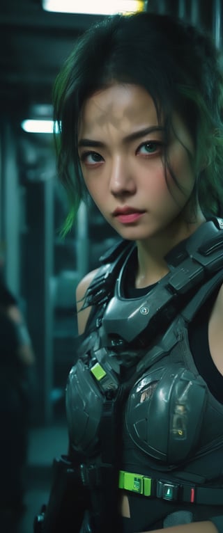 1 young and beautiful girl:1.2)), absurdres, (8k, best quality, masterpiece:1.2), professional photography, dramatic light, (finely detailed face:1.2),(((,, female,official, portrait, modern station  cyberpolice fighter, top quality, highly detailed, intricate, realistic, indoors, Bold Turquoise Silver Green Chartreuse, solarpunk, Crew Cut, Bruneian, masterpiece, Finest details, 8K, HD, HDR, Death Squad, , cowboy shot, perfect face, gorgeous eyes,sooyaaa