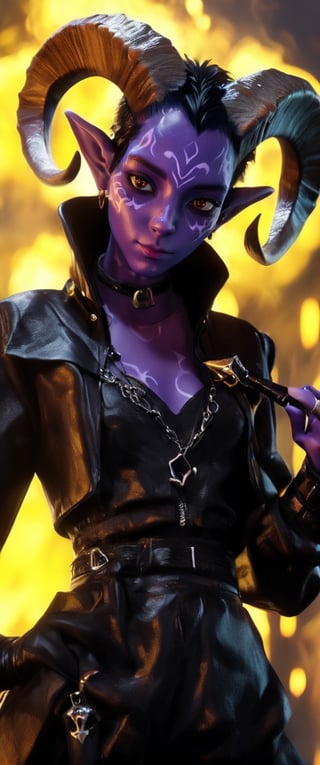 8k, (absurdres, highres, ultra detailed), (1lady), ((best quality)), ((masterpiece)), female warlock tiefling, ((purple skin)), small ears, 2 small black goat horns, black leather_outfit,minsi,sooyaaa