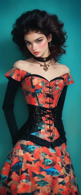 fashion photography: In a captivating fashion style, this vintage-inspired composition features glossy low angles and vivid colors. The enigmatic subject, with a mischievous smirk and corset, takes center stage, creating an immersive and slightly ominous atmosphere. The backdrop showcases a Poisson pattern, adding an abstract, surreal touch with intricate details and a hint of absurdity.