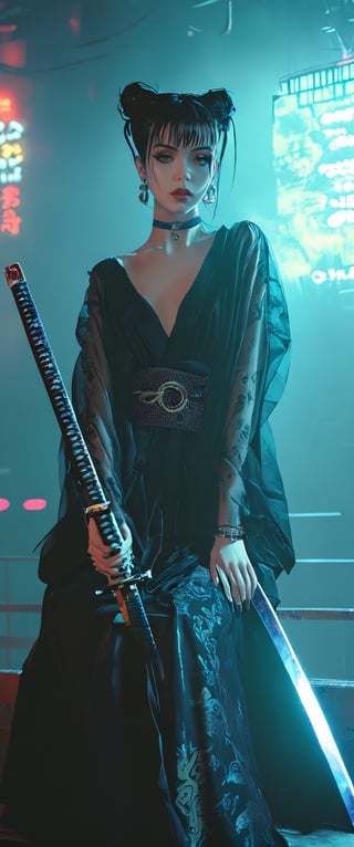 Prompt: In a dimly lit, smoky cyberpunk club, a femme fatale cyborg sits solo, her mechanical joints gleaming in the flickering light. Her striking features, framed by short hair and bangs, are adorned with jewelry and a black choker. she pets a snake that gazes directly at the viewer. She wears a revealing seethrough kimono, paired with Japanese-style earrings, and holds a katana surrounded by the dark, gritty atmosphere. Her gaze is sultry, exuding an air of sexy sophistication, as if inviting the viewer to enter her world. The scene is set in a Conrad Roset-inspired style, with a focus on dark, muted tones and industrial textures.,core_9,scary, (masterpiece:1.2),ct-virtual,dcas_lora
