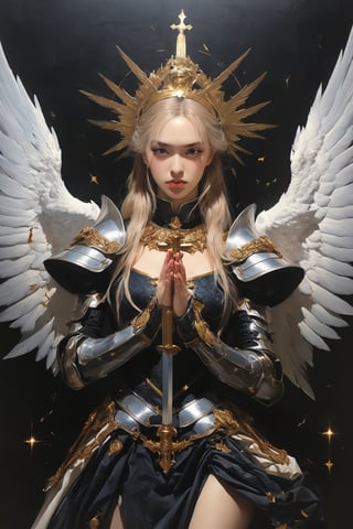 Realist portrait of Queen, beautiful face, cool vibes, goddess of genesis, masterpiece, painting darkly comedic precisionist, goddesscore armor, queen of sword, latex uniform, epic, ((Large Angle Wings)), aw0k magnstyle, danknis, sooyaaa, Anime , IMGFIX, niji style,sooyaaa,dlwlrma,IMGFIX,roses_are_rosie