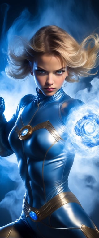 Sue Storm of Fantastic Four fighting, in the style of Jack Kirby, david michael bowers, light bronze and blue, comic art, mind-bending illusions, flawless line work, made of mist, comiccore, wild and daring, shot on 70mm, hdr, bulbous, captivating figures, realistic depiction of light, award winning 