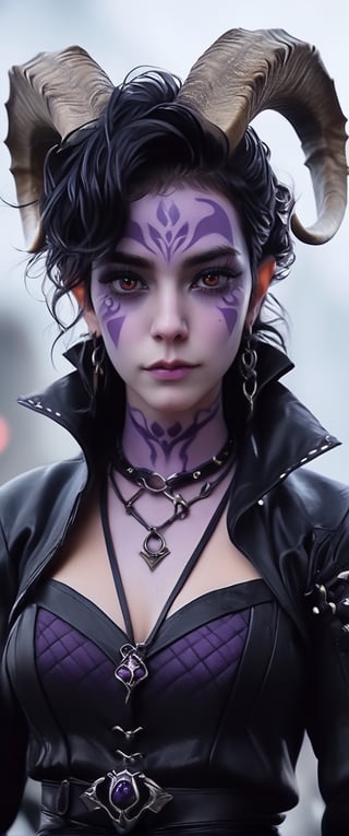 8k, (absurdres, highres, ultra detailed), (1lady), ((best quality)), ((masterpiece)), female warlock tiefling, ((purple skin)), small ears, 2 small black goat horns, black leather_outfit,