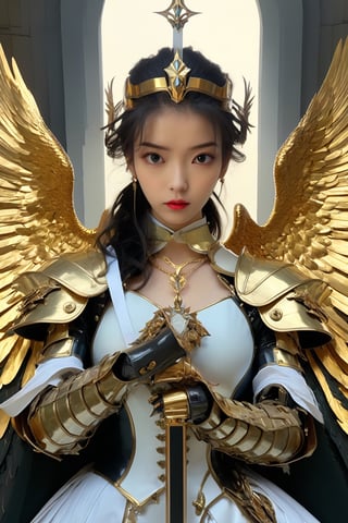 Realist portrait of Queen, beautiful face, cool vibes, goddess of genesis, masterpiece, painting darkly comedic precisionist, goddesscore armor, queen of sword, latex uniform, epic, ((Large Angle Wings)), aw0k magnstyle, danknis, sooyaaa, Anime , IMGFIX, niji style,sooyaaa,dlwlrma