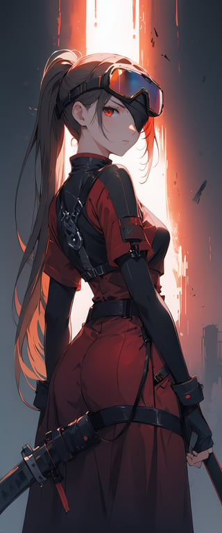 A lone warrior stands against a fiery red backdrop, her long hair flowing behind her. Her gaze pierces the viewer as she wears fingerless gloves and holds a sword in one hand, its sheath strapped to her belt. A katana rests in a holster at her side. Red eyes glow beneath an eyepatch, framing her scarred face. A ponytail is tied at the back of her head, while goggles sit atop it, giving her a cyberpunk edge. A gun is holstered at her hip, ready to be drawn. The overall atmosphere is one of fierce determination, with the red background amplifying the intensity of this mysterious warrior's gaze.,anime black line