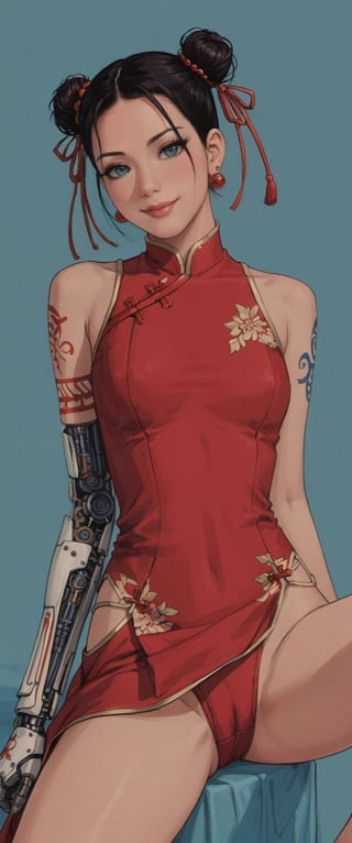 A striking cyborg sit solo on a deep blue background, her short black hair styled in a double bun adorned with a hair ornament. Her piercing gaze meets the viewer's, as she sits cross-legged, her hand discreetly placed between her legs. A red Chinese dress flows around her, intricately embroidered with mechanical parts that seem to blend seamlessly into her robotic arm and joints. A sword lies between her legs, its handle glinting in the dim light. Her lips curve into a subtle smile, as she proudly displays her arm tattoo. Earrings and a hair bun complete her striking ensemble, exuding confidence and power.